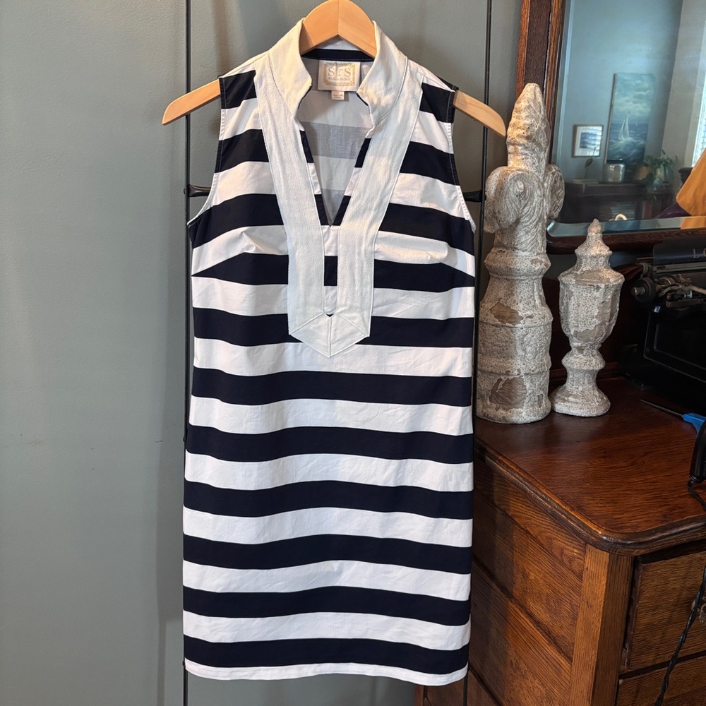 Sail To Sable STS Navy Blue and White Striped Tunic Dress Stretch EUC Size Small